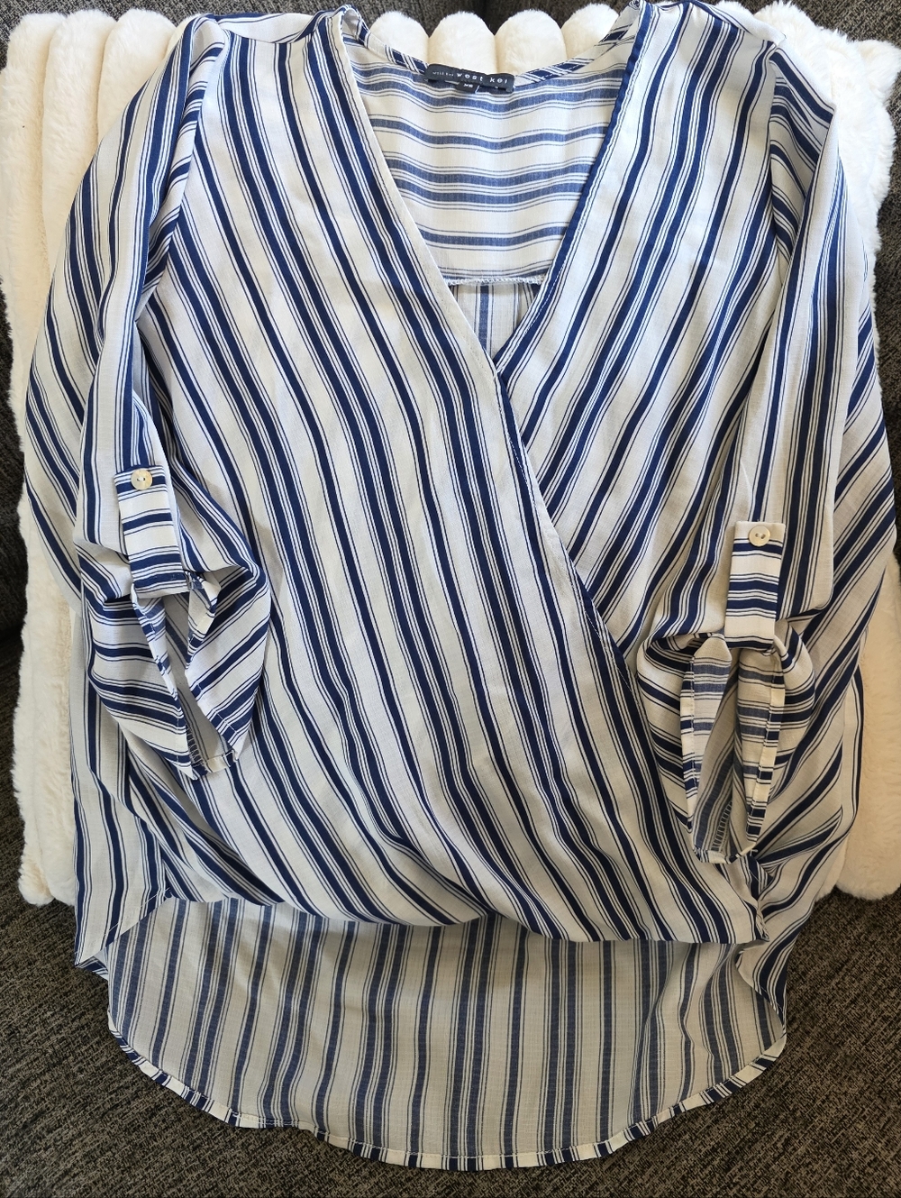 Blue and White Striped Wrap-Front Women's Blouse